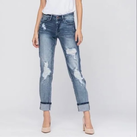 NEW NWT Judy Blue “Nikki” Destroyed Bleach Splatter Boyfriend Jeans denim blue - Picture 3 of 11